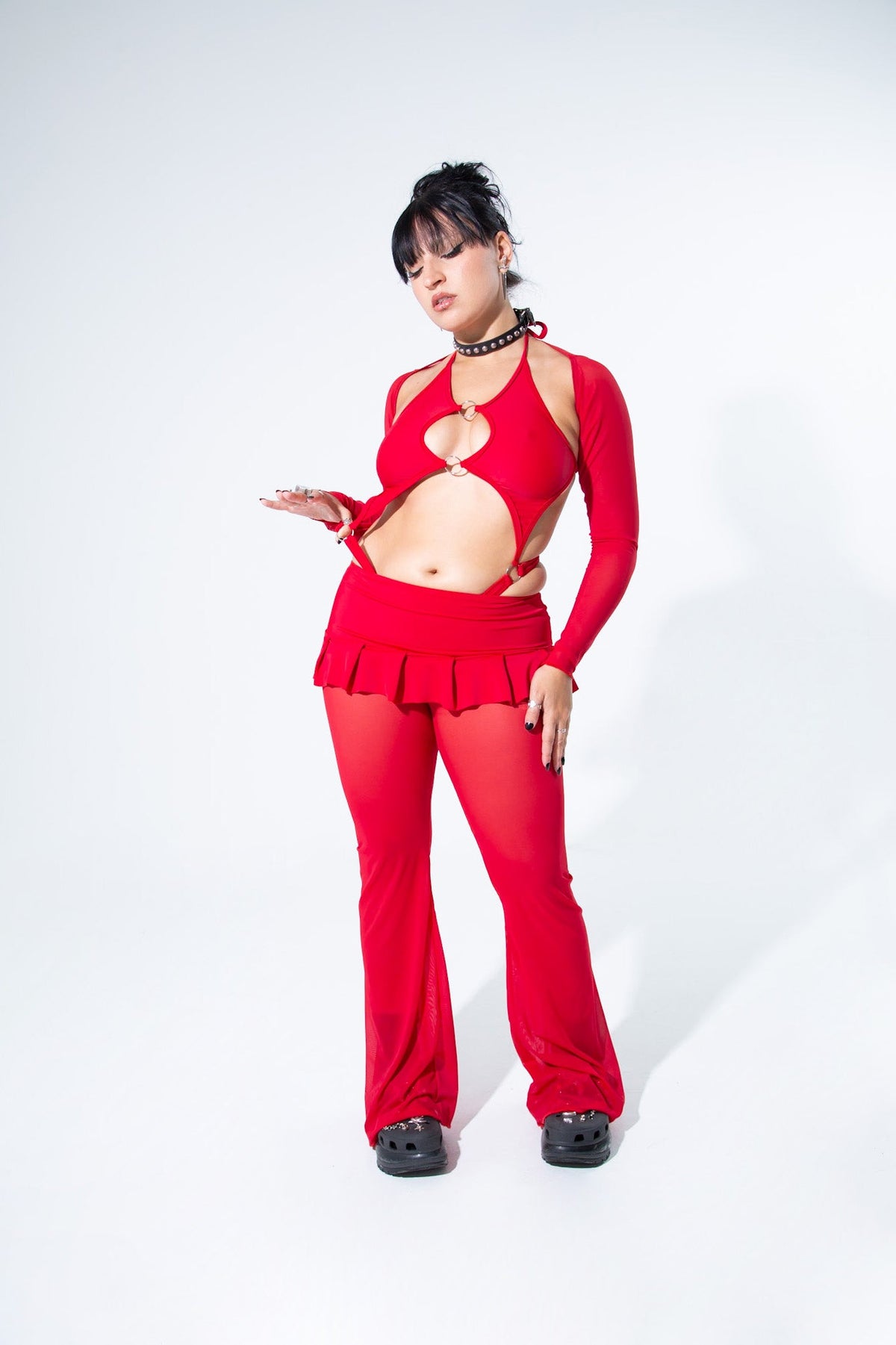 Blood Red Mesh Bell Bottom Pants